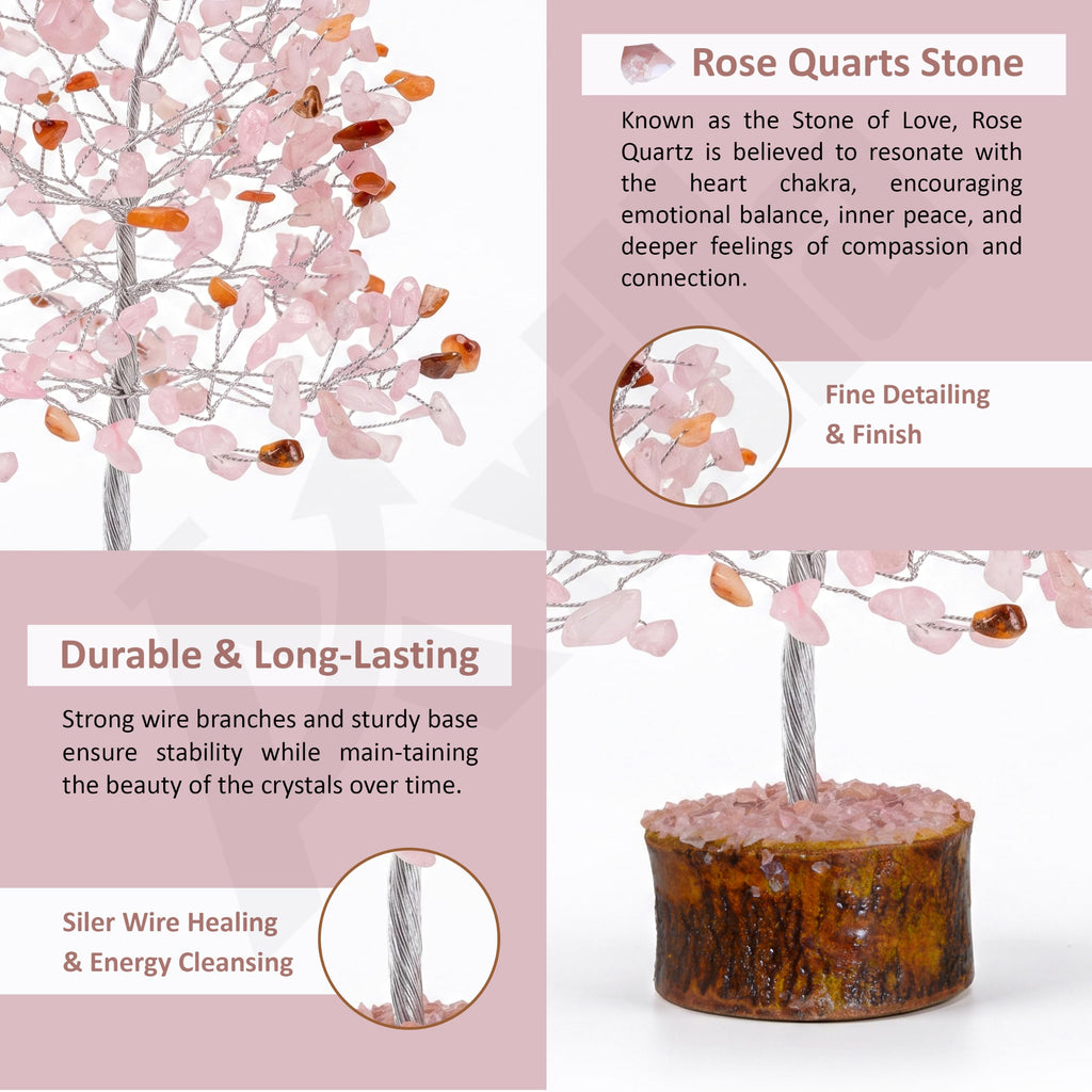 Axilla Natural Rose Quartz Crystal Tree with Wooden Base | Heart Chakra Healing Pink Stone Tree of Life | Feng Shui Romantic Room Decor & Positive Energy Good Luck Gift for Couples