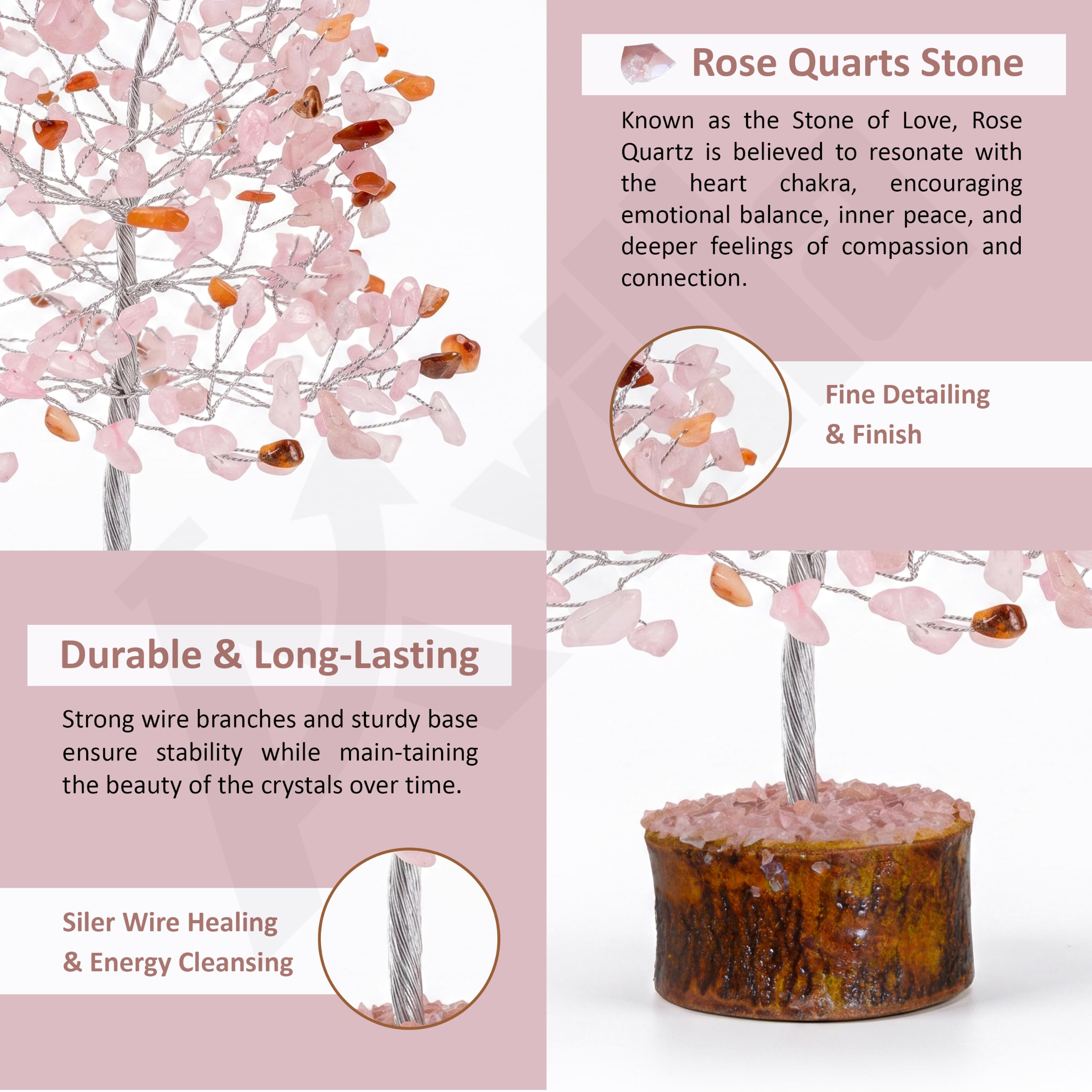 Axilla Natural Rose Quartz Crystal Tree with Wooden Base | Heart Chakra Healing Pink Stone Tree of Life | Feng Shui Romantic Room Decor & Positive Energy Good Luck Gift for Couples