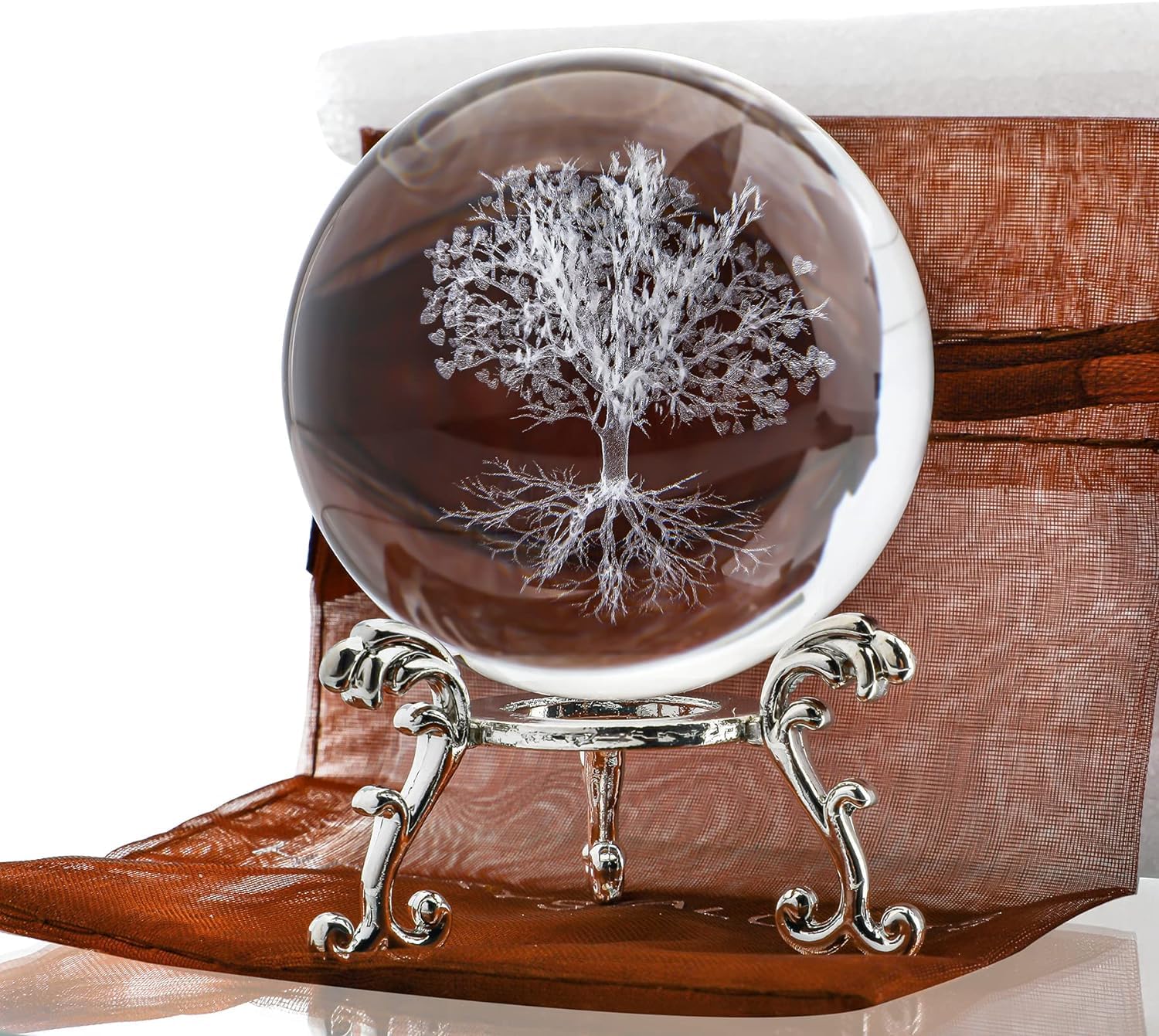 Neouth 60mm Tree of Life Crystal Ball with Stand Decorative Paperweight 3D Laser Engraved Glass Plant Life Tree Sphere Novelty Home Decor