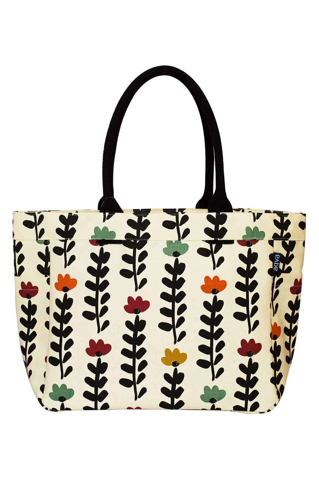 AQVA Cotton Canvas Tote Bag for Women | Trendy Stylish Multipurpose Handbag with Inside Pockets and Zipper | Shoulder Bag for Shopping, Beach, Travel and Work | Floral, Black Stem