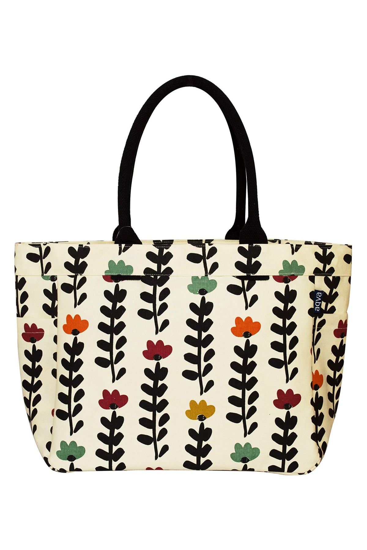 AQVA Cotton Canvas Tote Bag for Women | Trendy Stylish Multipurpose Handbag with Inside Pockets and Zipper | Shoulder Bag for Shopping, Beach, Travel and Work | Floral, Black Stem
