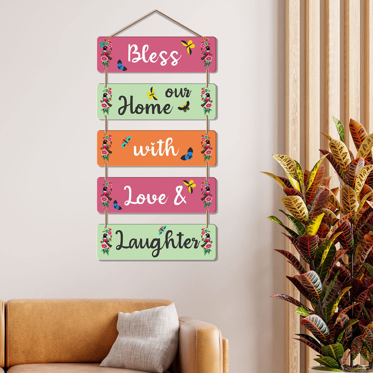 Artvibes Bless Our Home With Laughter Decorative Wall Art MDF Wooden Wall Hanger for Living Room | Quotes Decor Item | Home Quotes Wall Hanging | Modern Decor Items | Wall Poster(WH_6202N)