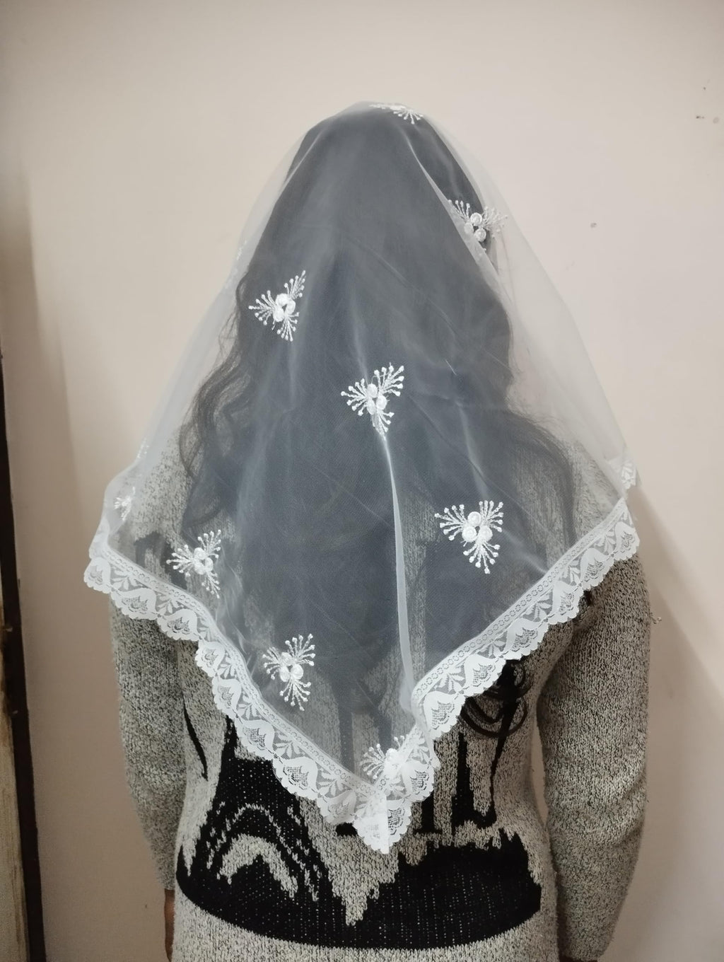 ELITE APRIL White Triangle Church Scarf(Christian scarf) with Floral Embroidery, with Wig Pin, for Women.