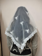 ELITE APRIL White Triangle Church Scarf(Christian scarf) with Floral Embroidery, with Wig Pin, for Women.