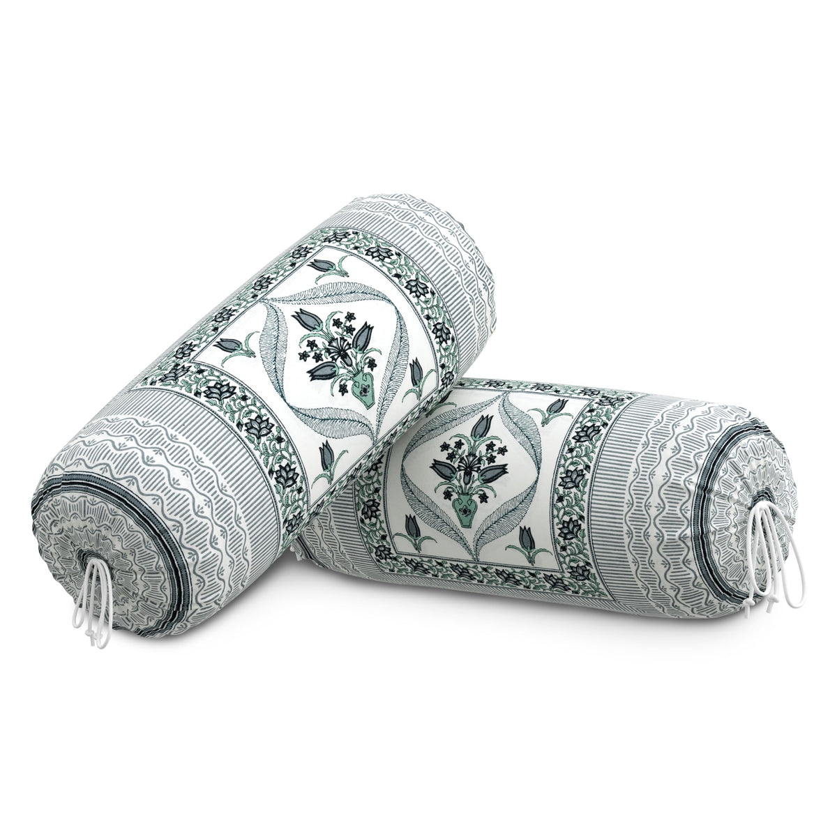 BLOCKS OF INDIA Cotton Hand Block Printed Bolster Cover | Booster Cover with Drawstring | Round Long Pillow Cover for Bed | Dewan Pillow Cover Set 16 X 32 | Set of 2 (Color 29)