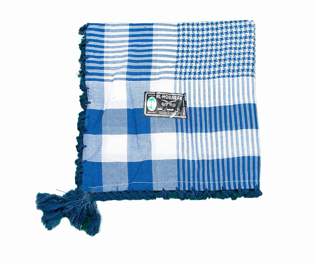 Dulhan Classic Blue&White Cotton Desert Scarf for Men–Shemagh Arabian Palestine Arafat Keffiyeh Neckerchief Face Scarf, Ghaza Rafah All-Season Multi-Purpose Rumal (46x46 Inch)-1 Piece Enterprises