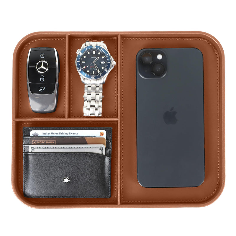 V-CUBE DESIGNS Rectangular Premium Vegan Leather Valet Tray|Stylish & Modern Office Desk Tray| Table/Bedside/Entryway Organiser For Everyday Essentials Like Keys, Phone, Watch, Wallet, Jewellery|Tan