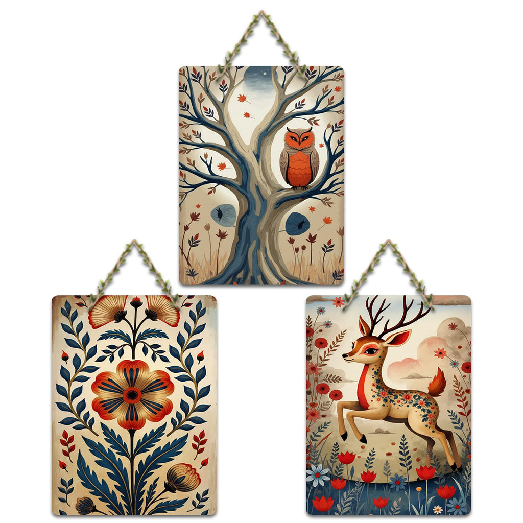 Artvibes Nature Theme Wall Art Wooden Art Decoration Item for Home | Graphic Artwork | Door Decoration Items | Paintings For Wall | Wall Poster | Handcrafted Art | Unique Gift (WH_96101N), Set of 3
