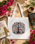 Kai Pai Co Cotton Tote Bag for Women, Indian Folk Art Prints, Casual Daily Use, Reusable Shoulder Bag,14 X 16 Inches - Madhubani, Kalamkari, Return Gifts (Tree of Stories - Madhubani)