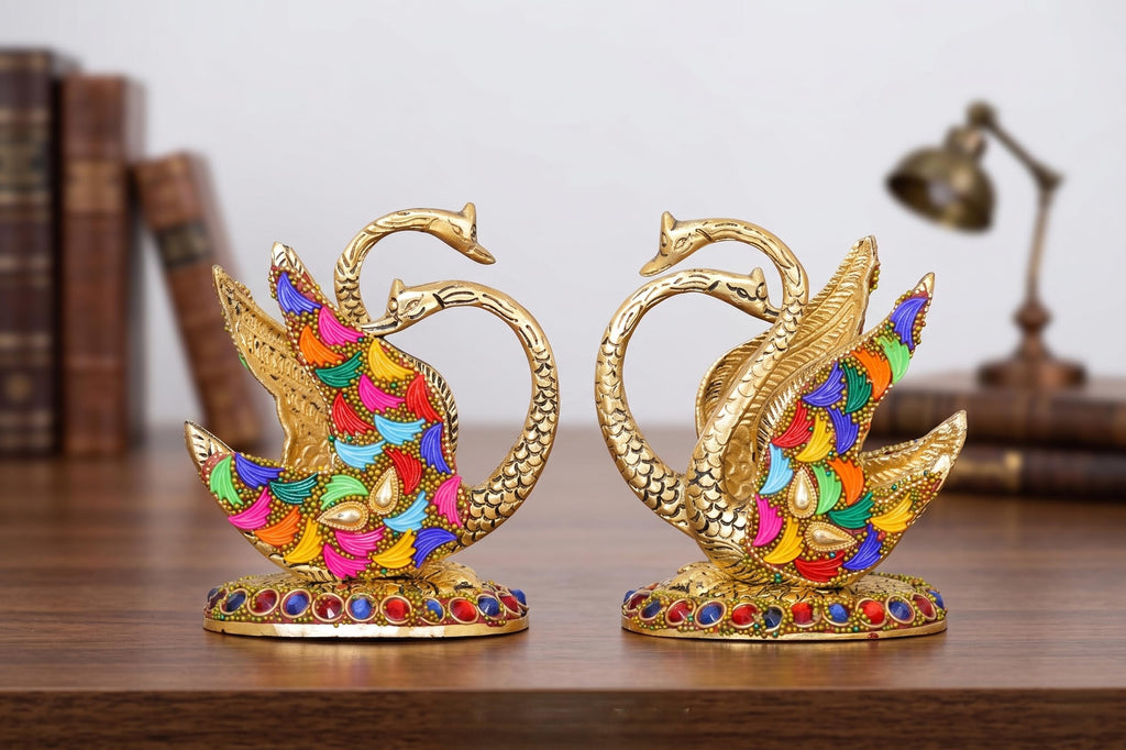 Kridaykraft Luxury Aluminium Metal Swan Tissue Holder Stand Pair | Decorative Meenakari Stone Work Napkin Organizer for Kitchen, Dining Room, and Gifting | Royal Golden Finish (Pack of 2)