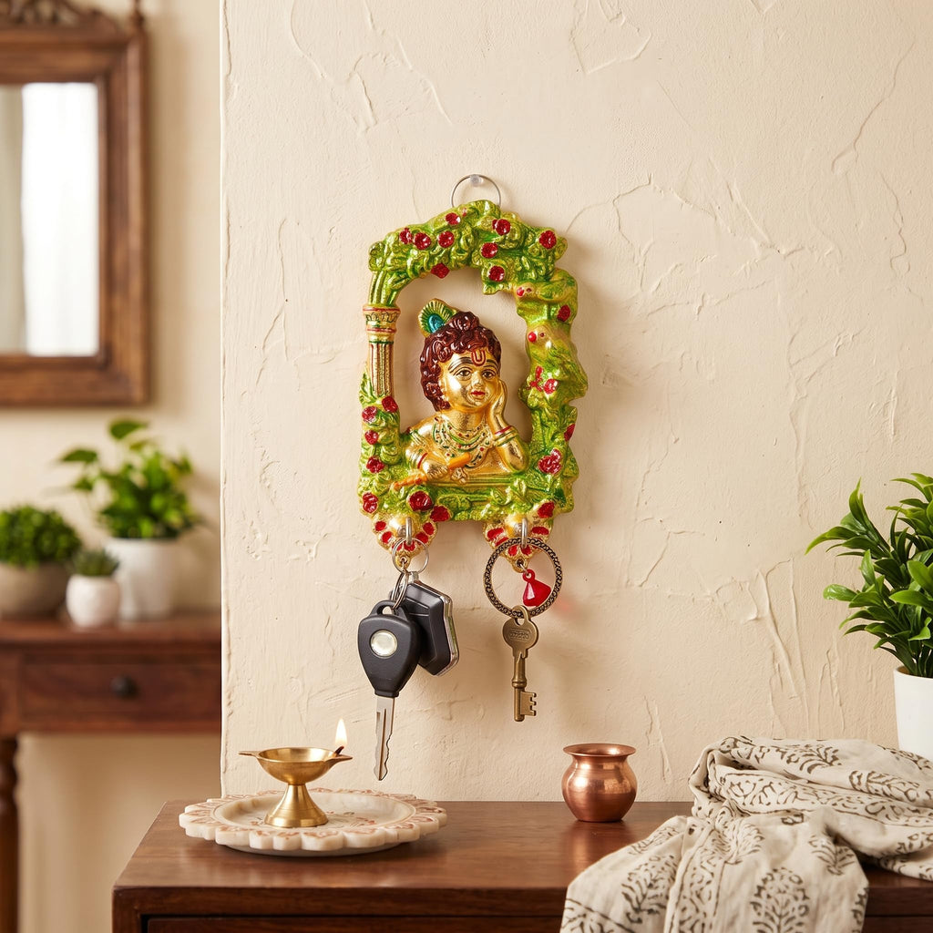 KridayKraft Metal Ganesha ji Key Holder with Meena Work Decorative for Wall | Ganesh Statue/Religious | Idol/Wall Hanging (Krishna Keyholder)