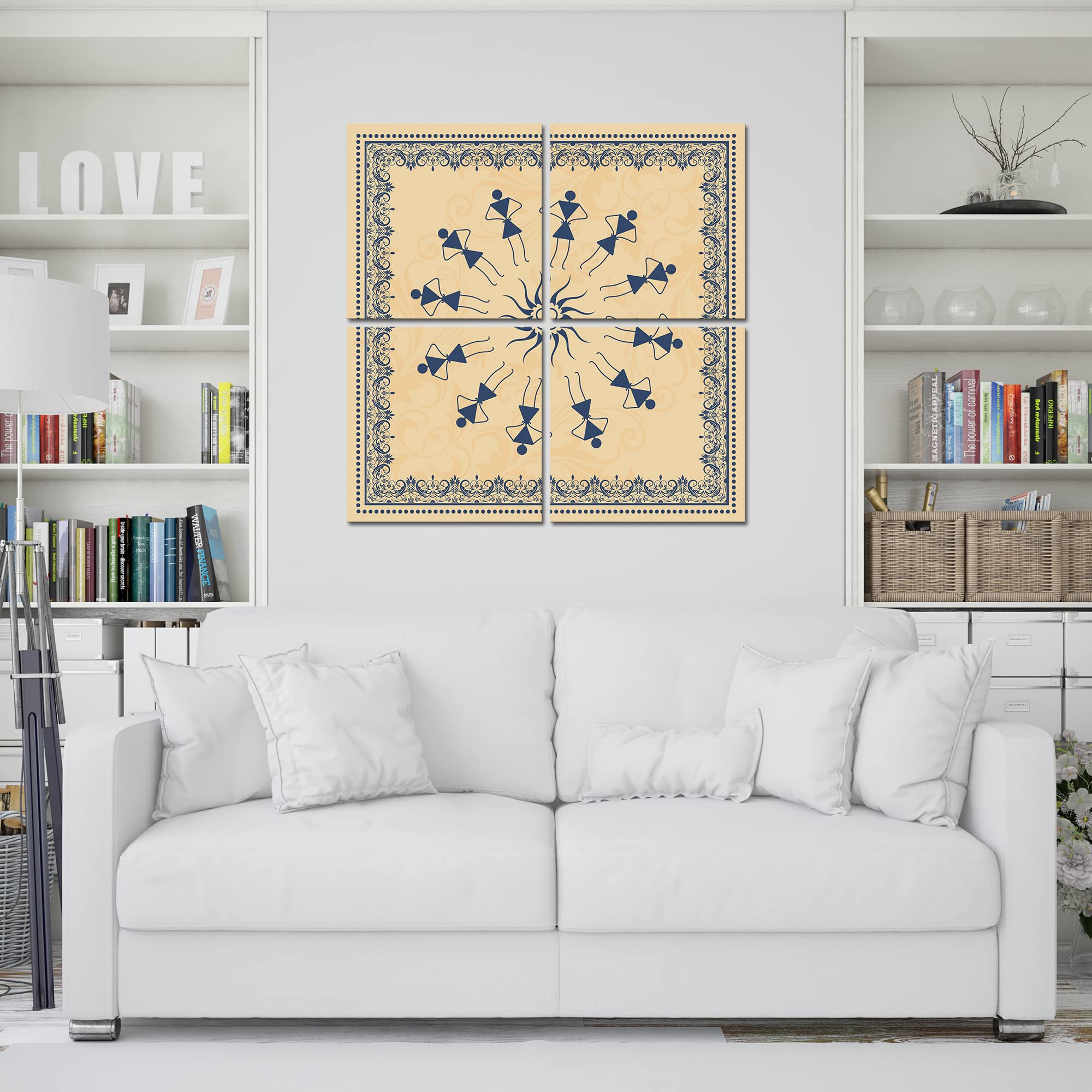 VIBECRAFTS 4 Pieces Warli Art Canvas Wall Hanging Painting Fitted With Wooden Frame For Home | Office | Living Room | Gifts (PTVC4Pcs5_16605)