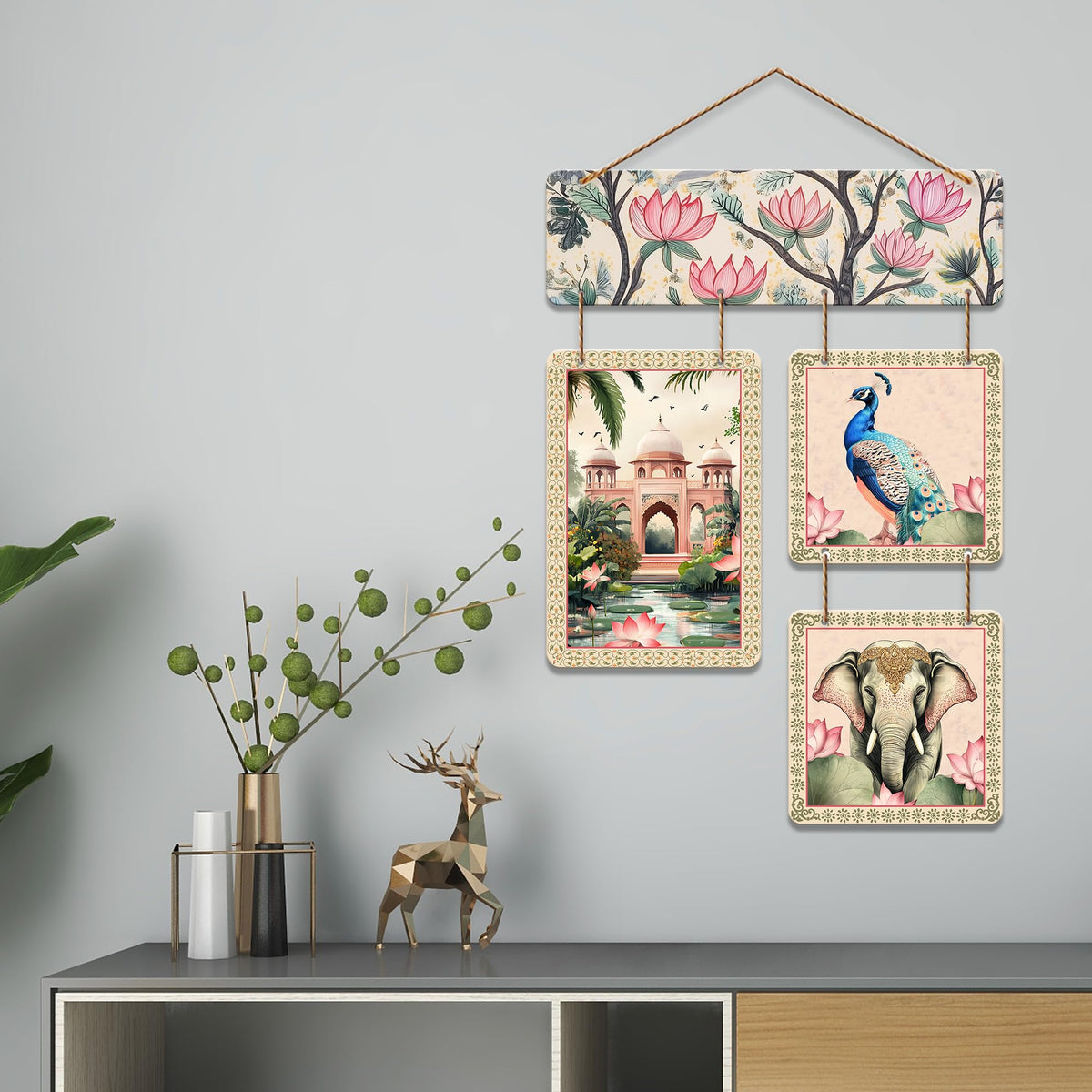 Artvibes Artistic Elephant Peacock & Tomb Pichwai Art Wooden Wall Hanger for Home Decor | Living Room | Office | Wall Art Painting For Hall | Graphic Artwork | Wall Poster | Unique Gift (WH_6536N)