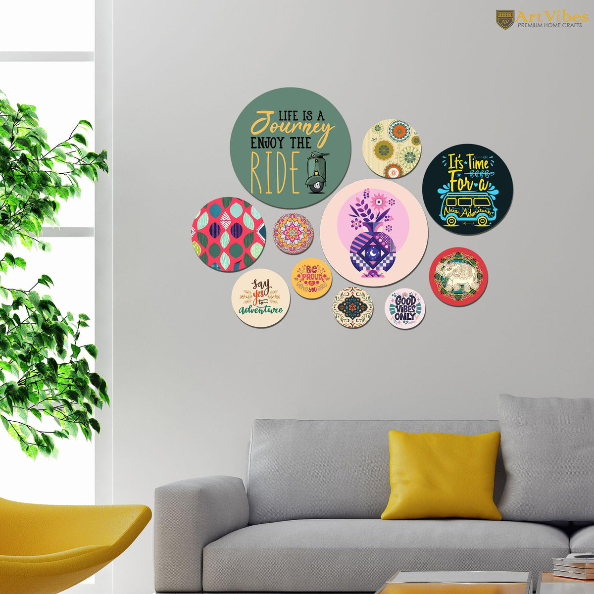 Artvibes Its Time for A New Adventure Decorative Round Shape MDF Wooden Wall Hanging | Quotes Decor Item | Traveller Quotes Wall Art | Wall Poster | Home Decor | Unique Gift (WPS_142NN), Set of 11