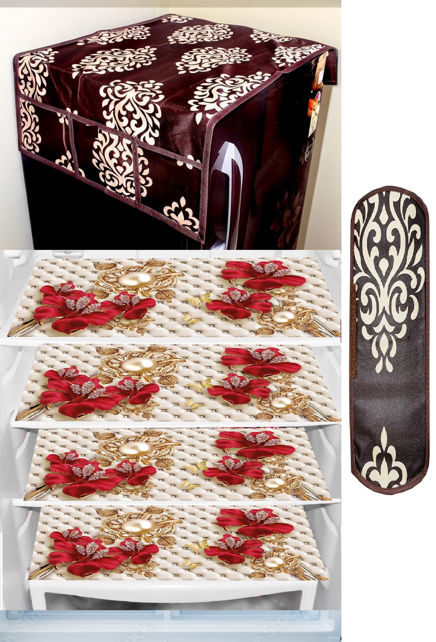 REVEXO Kitchen Combo Fridge Top Cover, 2 Piece Fridge Handle Cover, 4 Pcs Fridge Mats, (Set of 6 Piece) rev-025 Kafalo