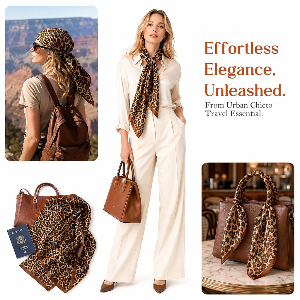 Ahamo Leopard Print Satin Square Scarf for Women 90 x 90 cm Brown Head Scarf Lightweight Bandana Fashion Neck Wrap Large Satin Hair Scarf for Women Stylish Headband Shawl and Bag Accessory