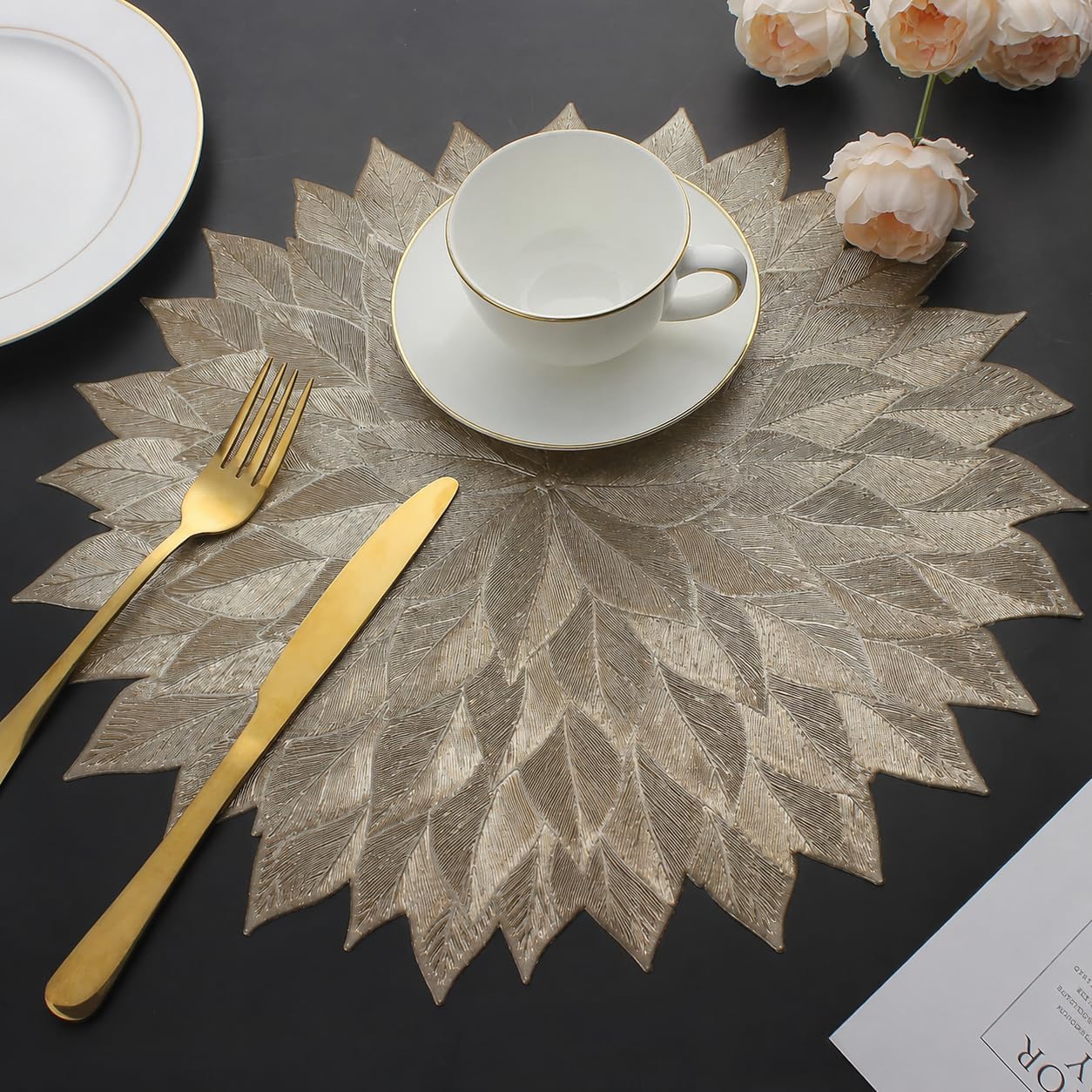 HomeCloud Table mat Round Shape| Table mat Round | Cutwork Design mat | Dining Table mats | Dressing Table MATS | Bed Side Table mats (Flower_Gold, 1)