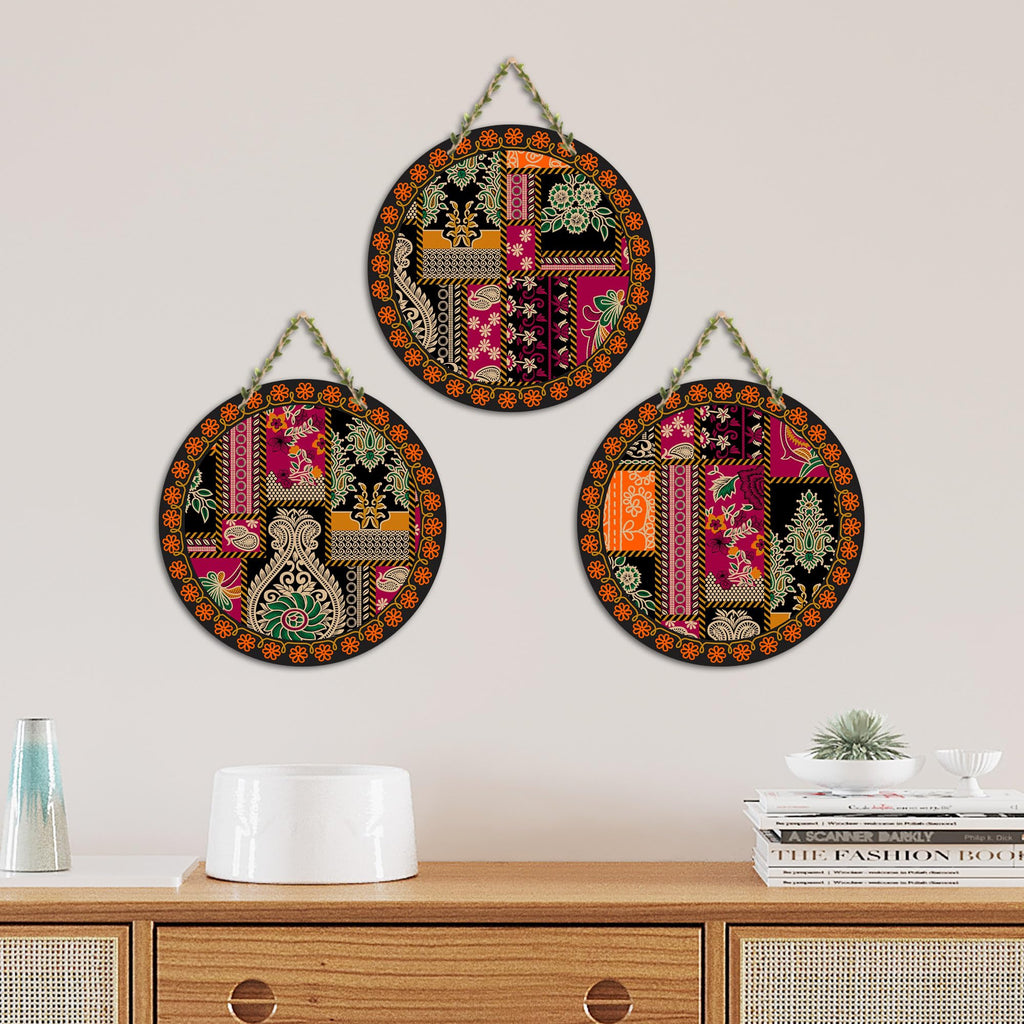Artvibes Floral Art Round Shape MDF Wooden Wall Decor Items | Living Room | Office | Cafe | Scenery For Drawing Room | Aesthetic Wooden Decor | Ethnic Wall Decor | Gift Items (WH_9906N), Set of 3