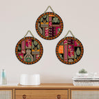 Artvibes Floral Art Round Shape MDF Wooden Wall Decor Items | Living Room | Office | Cafe | Scenery For Drawing Room | Aesthetic Wooden Decor | Ethnic Wall Decor | Gift Items (WH_9906N), Set of 3
