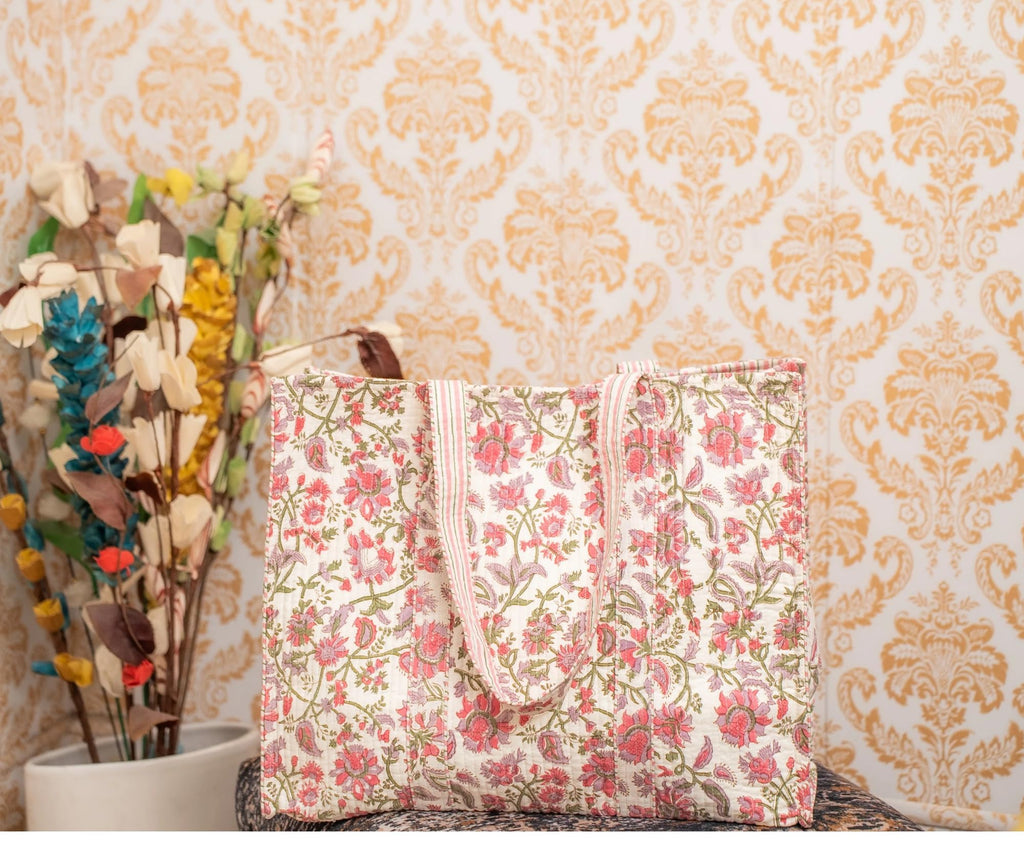 Awdhesh Kumar Blush Bloom Carryall Hand Block Printed Cotton Tote Bag for Women, 40x35 cm, Floral Pattern (Ivory Blossom/Blush Garden)