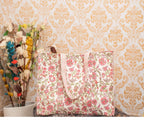 Awdhesh Kumar Blush Bloom Carryall Hand Block Printed Cotton Tote Bag for Women, 40x35 cm, Floral Pattern (Ivory Blossom/Blush Garden)