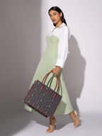 ZOUK Taj Guldasta Floral Printed Jute Handcrafted Black Women's Stylish Tote Bags | Tote Handbag| Shoulder bag with double handle