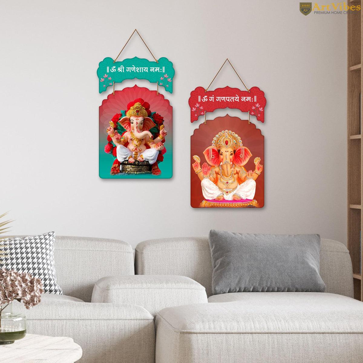 Artvibes Ganesh Namaskar Mantra Printed MDF Wooden Wall Hanging For Home | Spiritual Decor Items | Handcrafted Art | Wall Illustrations| Stylish Modern Decor Item | Gift Items (WH_9201N), Set of 2