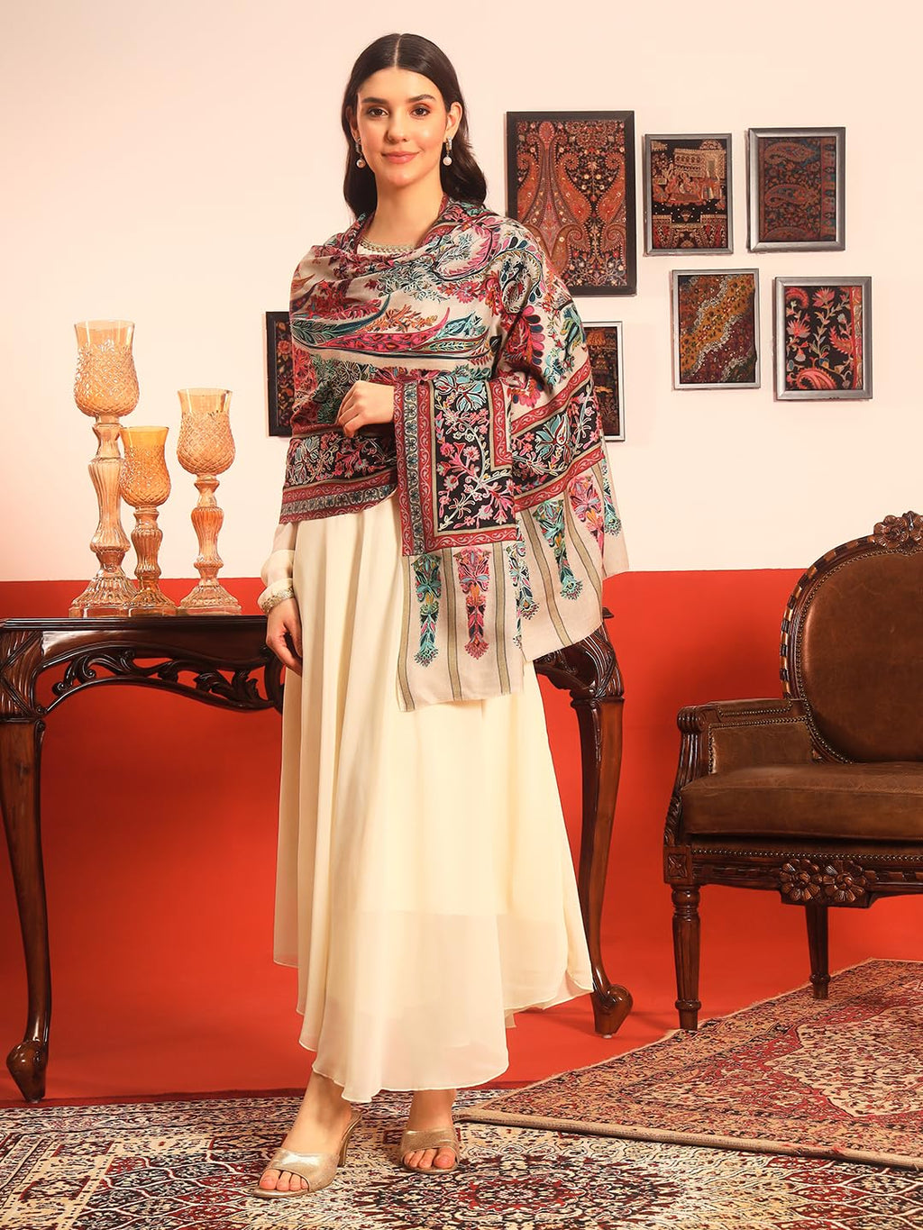 Pashmoda Women Rangkalam 100% Pure Wool Fabric Kalamkari Embroidered Shawl (Size: 40x80in, 101x203cm) KAS21