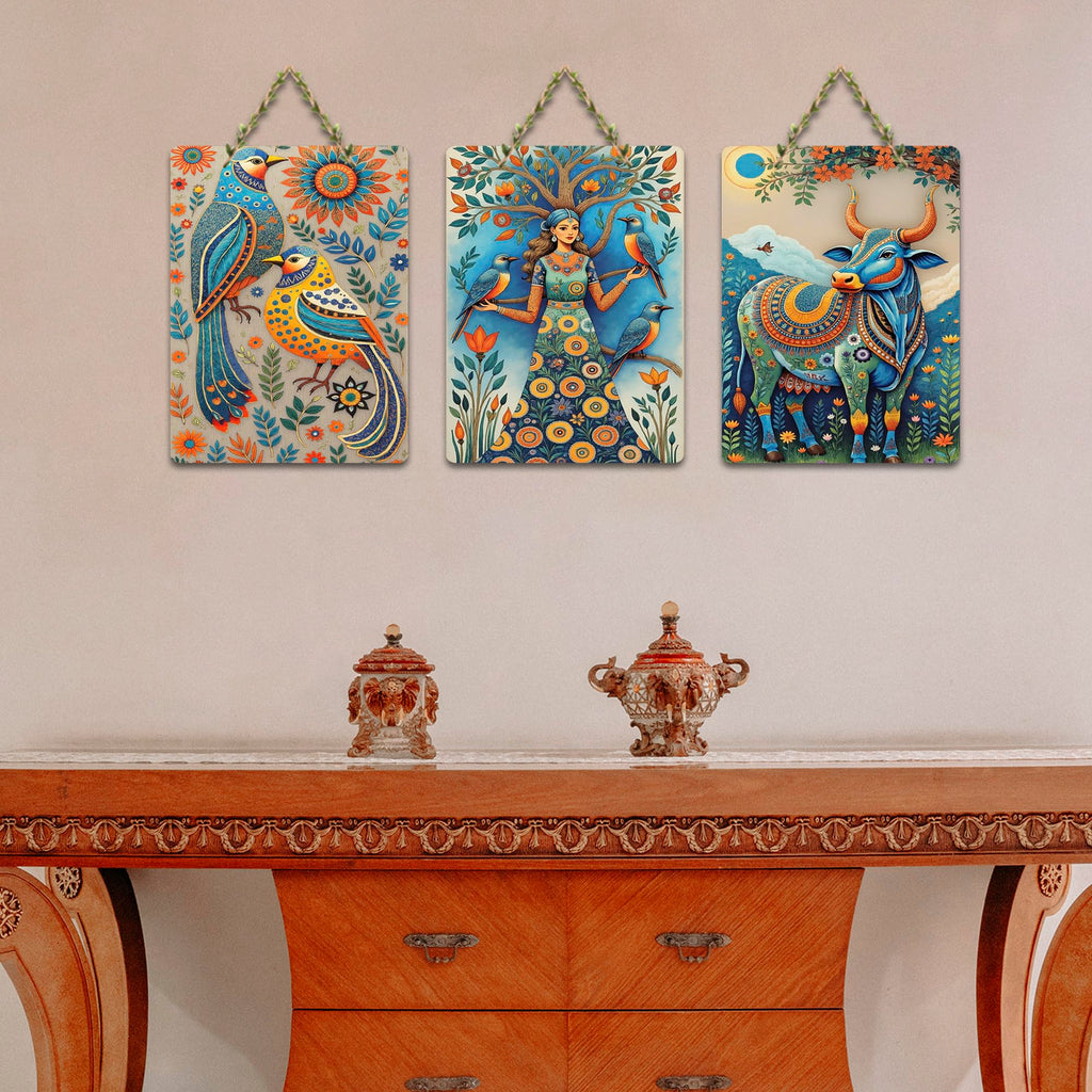 Artvibes Sacred Nature & Divine Girl With Birds & Cow Decorative Wall Art MDF Wooden Wall Hanger for Living Room | Home Decor | Wall Accent | Wall Illustration | Unique Gift Items (WH_9685N), Set of 3