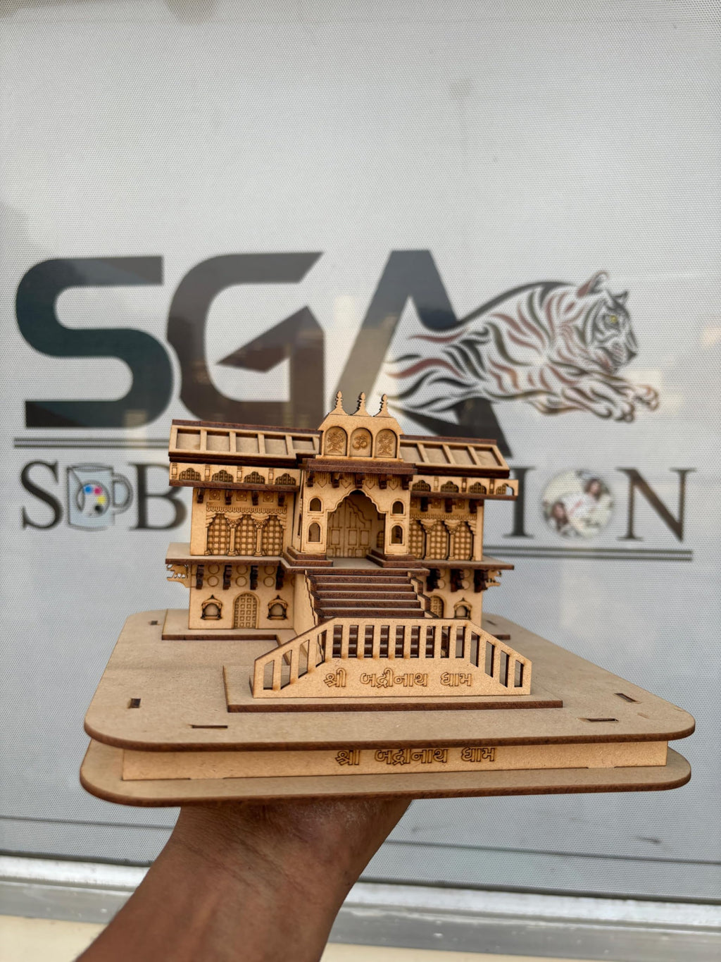 SHRI GOPAL ARTS Badrinath Temple 3D Wooden for Home Temple, Office and Showroom (L=20cm x W=20cm x Hx14cm)