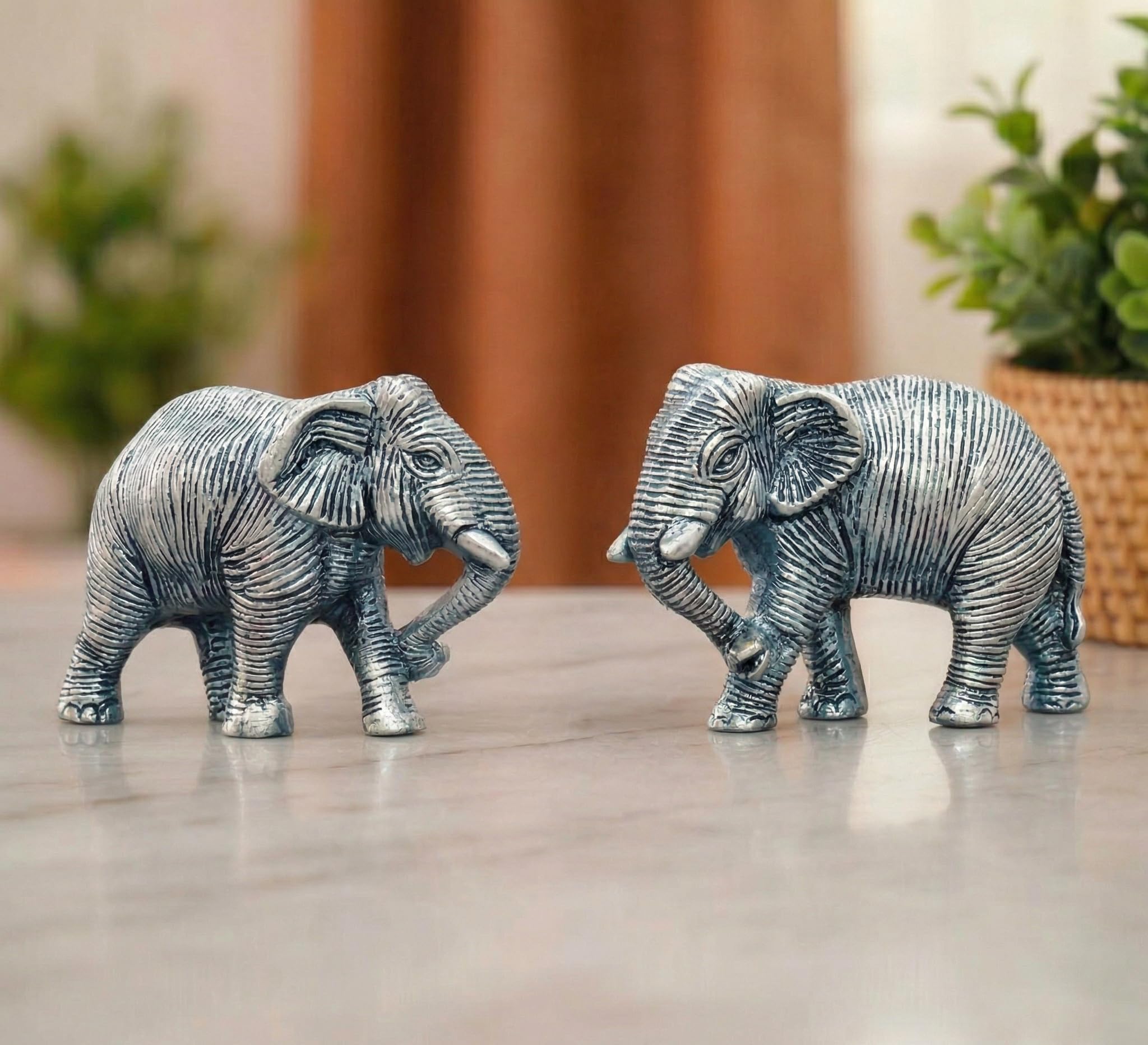 KridayKraft African Elephants Animal Decorative Showpiece Figurine 2 Pcs Set Metal Handcrafed Gold Toned Antique Finish, Home Decor