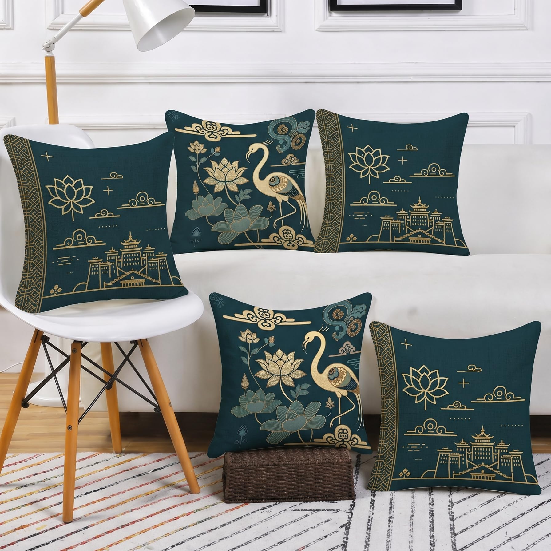 STITCHNEST Satin Cushion Covers with, Lotus & Gold Detailing – 16x16 Inch Decorative Pack of 5 for Living Room, Drawing Room, or Modern Ethnic Home Decor