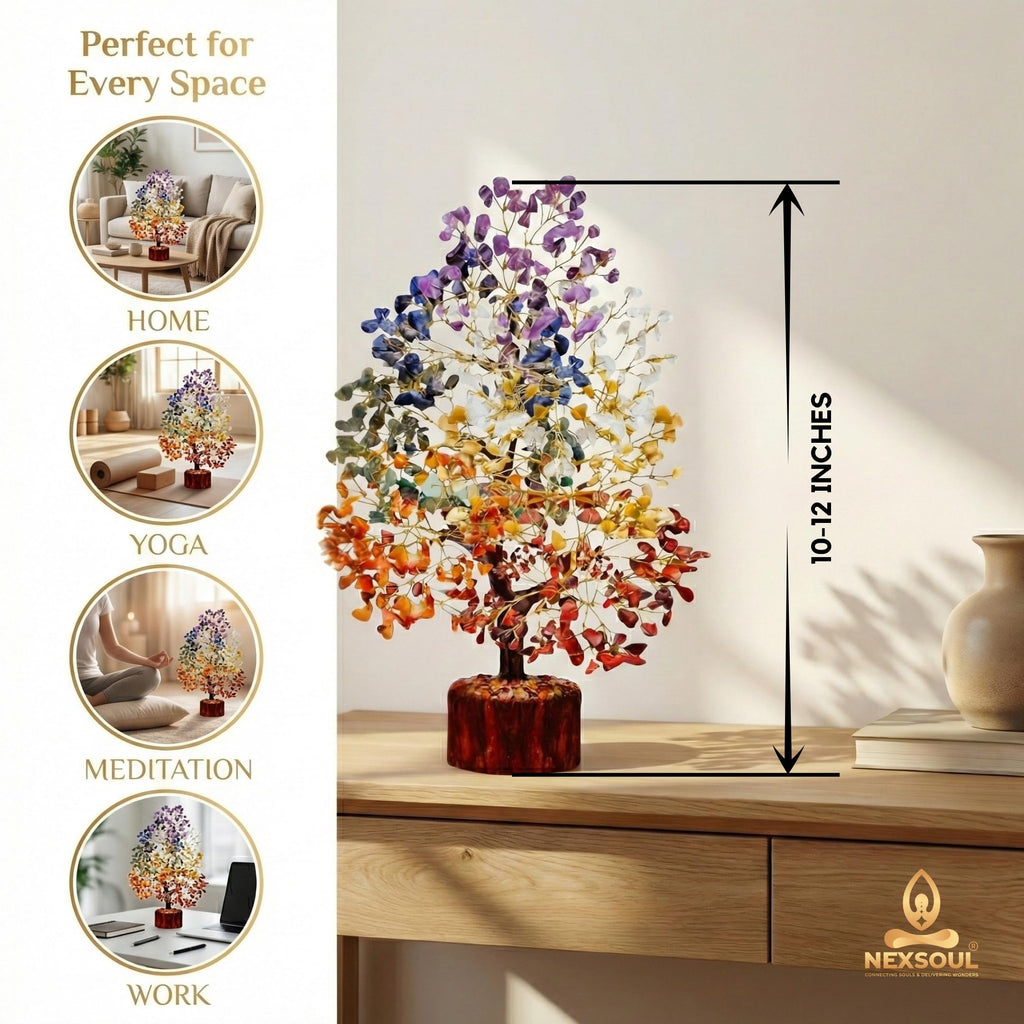 NEXSOUL 7 Chakra Crystal Tree (300 Beads) – Amethyst, Lapis, Citrine & Natural Gemstones on Golden Wire Bonsai – Vastu & Feng Shui Money Tree for Living Room & Office – Certified Spiritual Gift