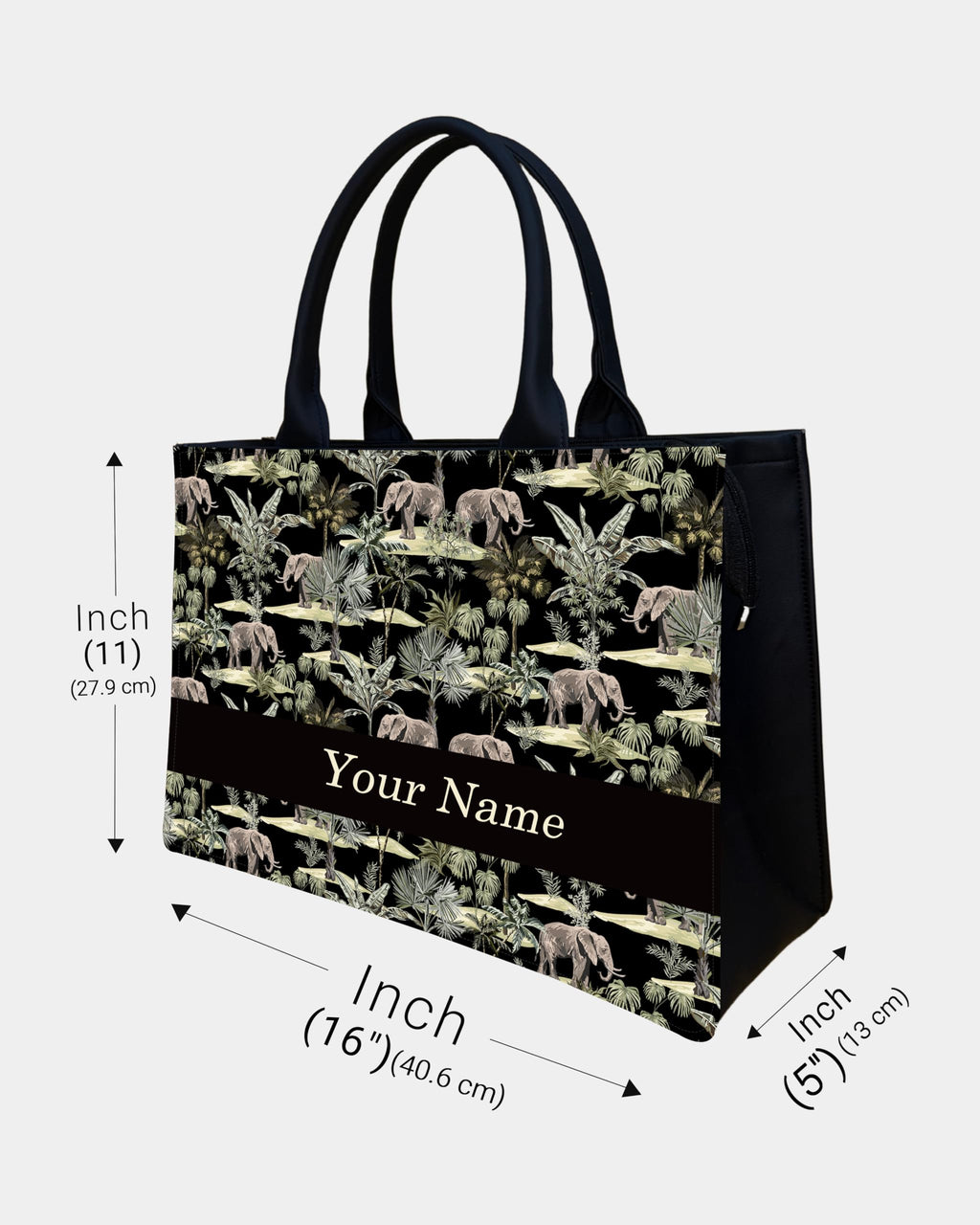 IN VOGUISH Safari Luxe Customized Tote Bag – Personalized Name Tote, Large 16x11x5 Inch Black Handbag with Safari Elephant & Palm Tree Print, Stylish Travel & Everyday Carryall