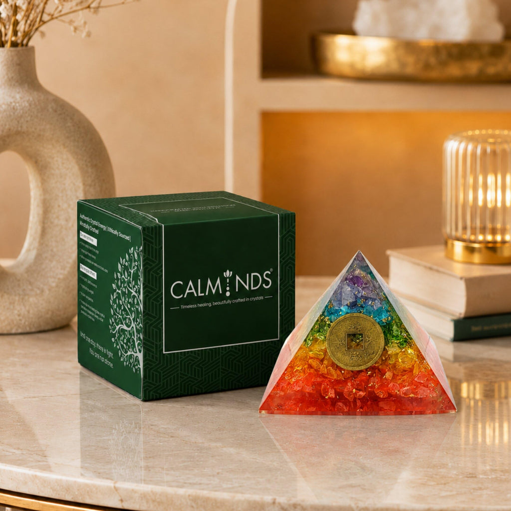CALMINDS 7 Chakra Crystal Pyramid for Positive Energy, Natural Healing Crystal Pyramid with Feng Shui Coin, Reiki Charged Vastu Decor for Home Office Meditation Yoga Gift
