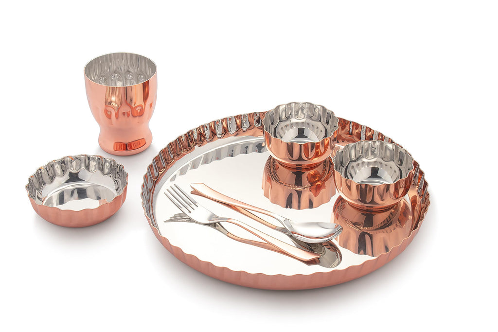 Silverglow Platter Stainless Steel Copper Dinner Set of 7pcs, Copper Dinner thali Set, bartan Set, Durable, Gift for Anniversary, Wedding, Diwali, Hotel thali Set, Luxury Dinner Set