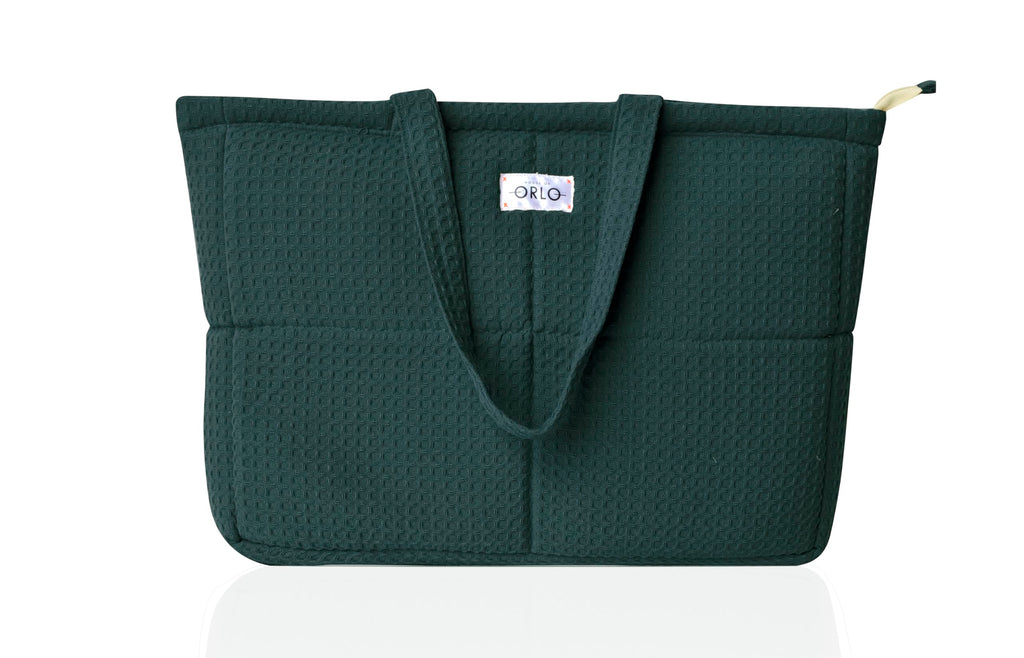 HOUSE OF ORLO Premium Cotton Waffle Quilted Tote Bag, Large Spacious Handbag for College, Office, Work, Travel, Shopping & Daily Use - Forest Green