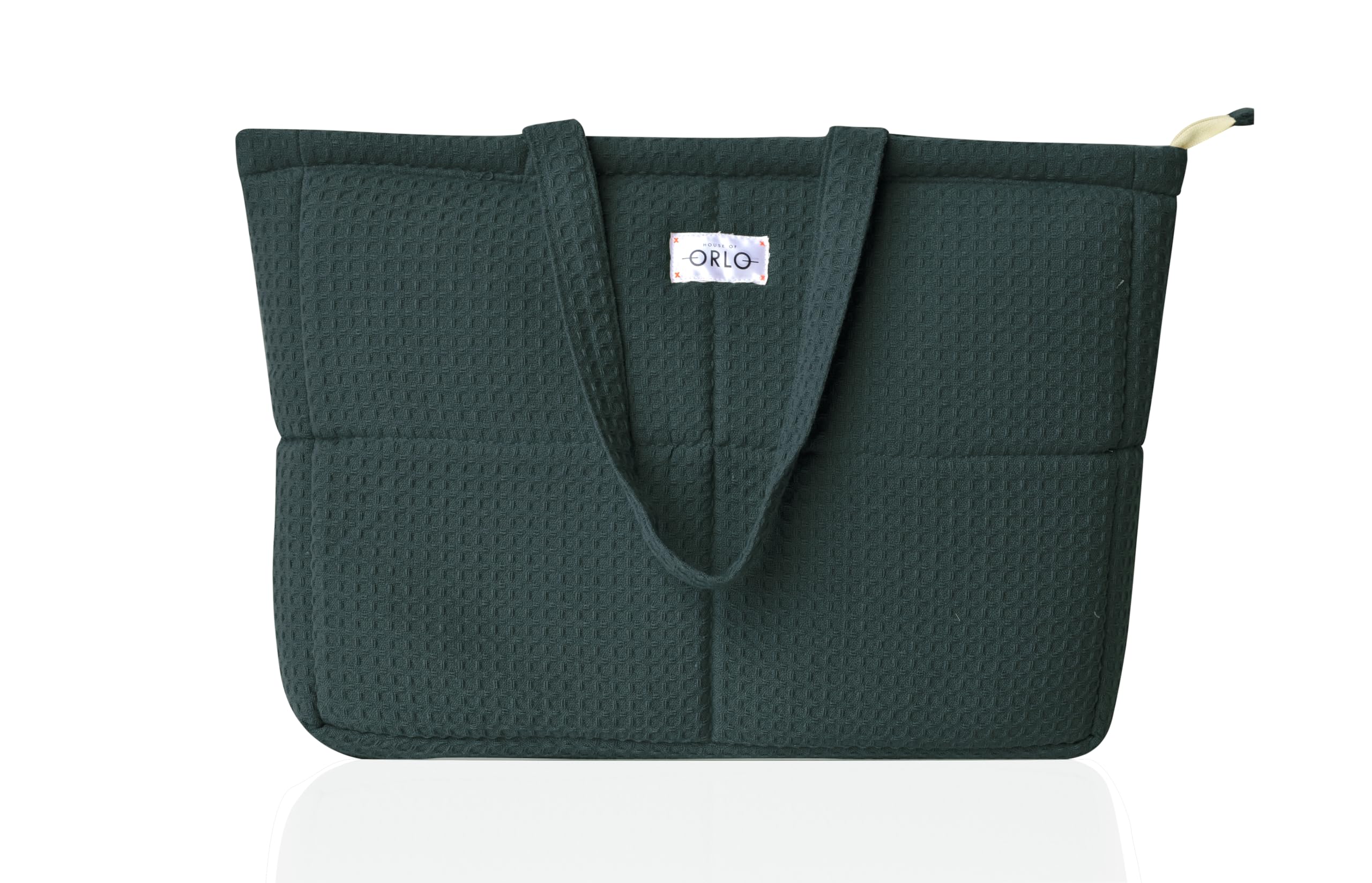 HOUSE OF ORLO Premium Cotton Waffle Quilted Tote Bag, Large Spacious Handbag for College, Office, Work, Travel, Shopping & Daily Use - Forest Green