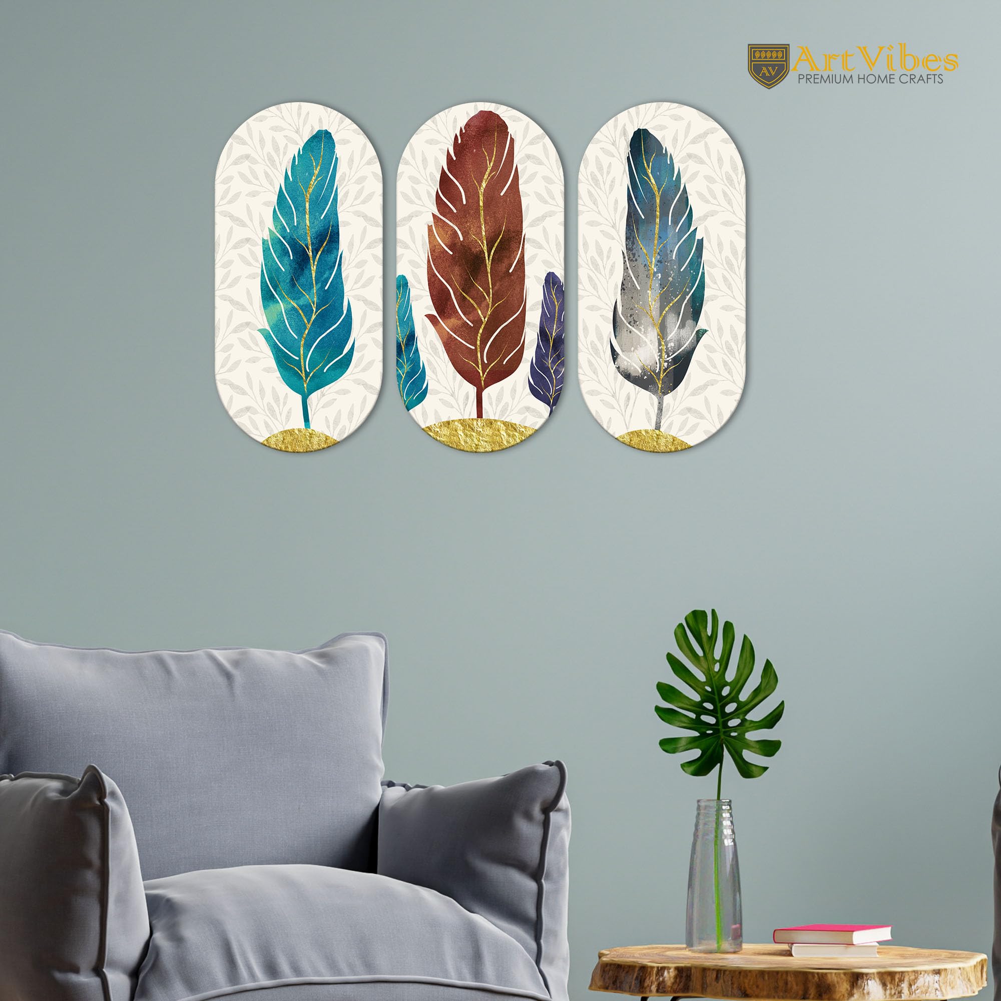 Artvibes Feather Wooden Art Decoration Item for Home | Graphic Artwork | Decoration Wall Hanging Items | Wall Sculpture | Wall Illustrations | Aesthetic Wall Art | Ideal Gifts (WH_9014N), Set of 3
