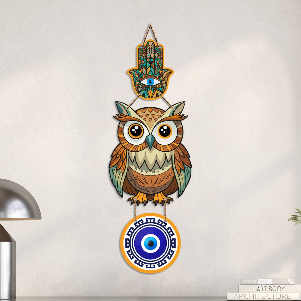 Artvibes Lucky Owl Evil Eye Hanging Decor for Main Door & Entrance | Nazar Protection MDF Wall Art | Vastu Decorative Accent for Living Room | Office | Balcony & Hallway | Home Decoration (WH_8524N)
