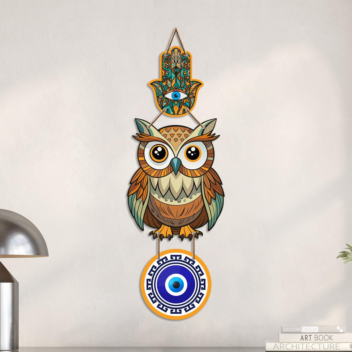 Artvibes Lucky Owl Evil Eye Hanging Decor for Main Door & Entrance | Nazar Protection MDF Wall Art | Vastu Decorative Accent for Living Room | Office | Balcony & Hallway | Home Decoration (WH_8524N)