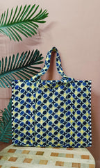 HOUSE OF GULAB Cotton Tote Bag Reusable Shopping Bag Printed Cloth Carry Bag with Long Handle Eco Friendly Grocery Storage Travel Bag for Men & Women 15x18 Inch (Yellow & Gray)