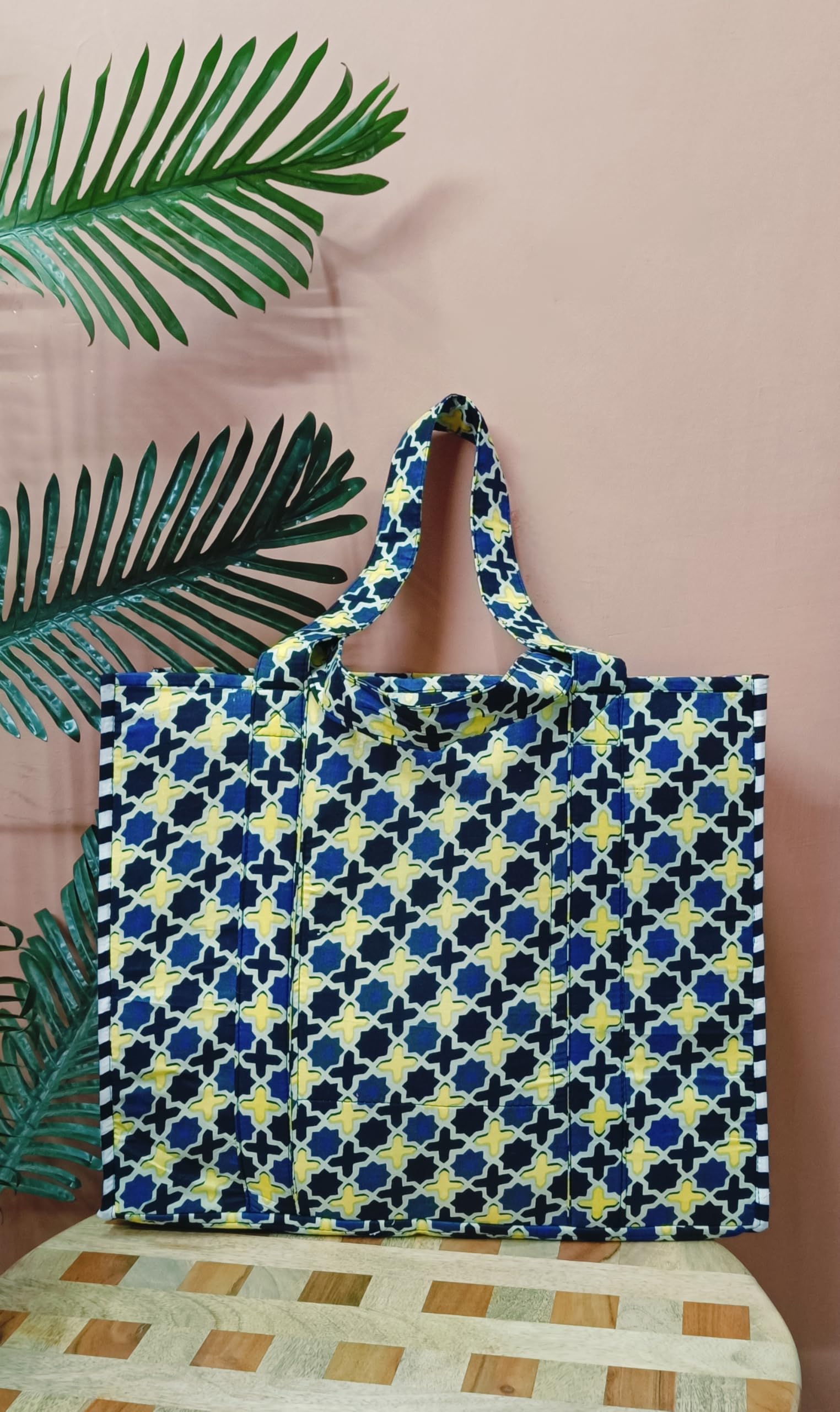 HOUSE OF GULAB Cotton Tote Bag Reusable Shopping Bag Printed Cloth Carry Bag with Long Handle Eco Friendly Grocery Storage Travel Bag for Men & Women 15x18 Inch (Yellow & Gray)
