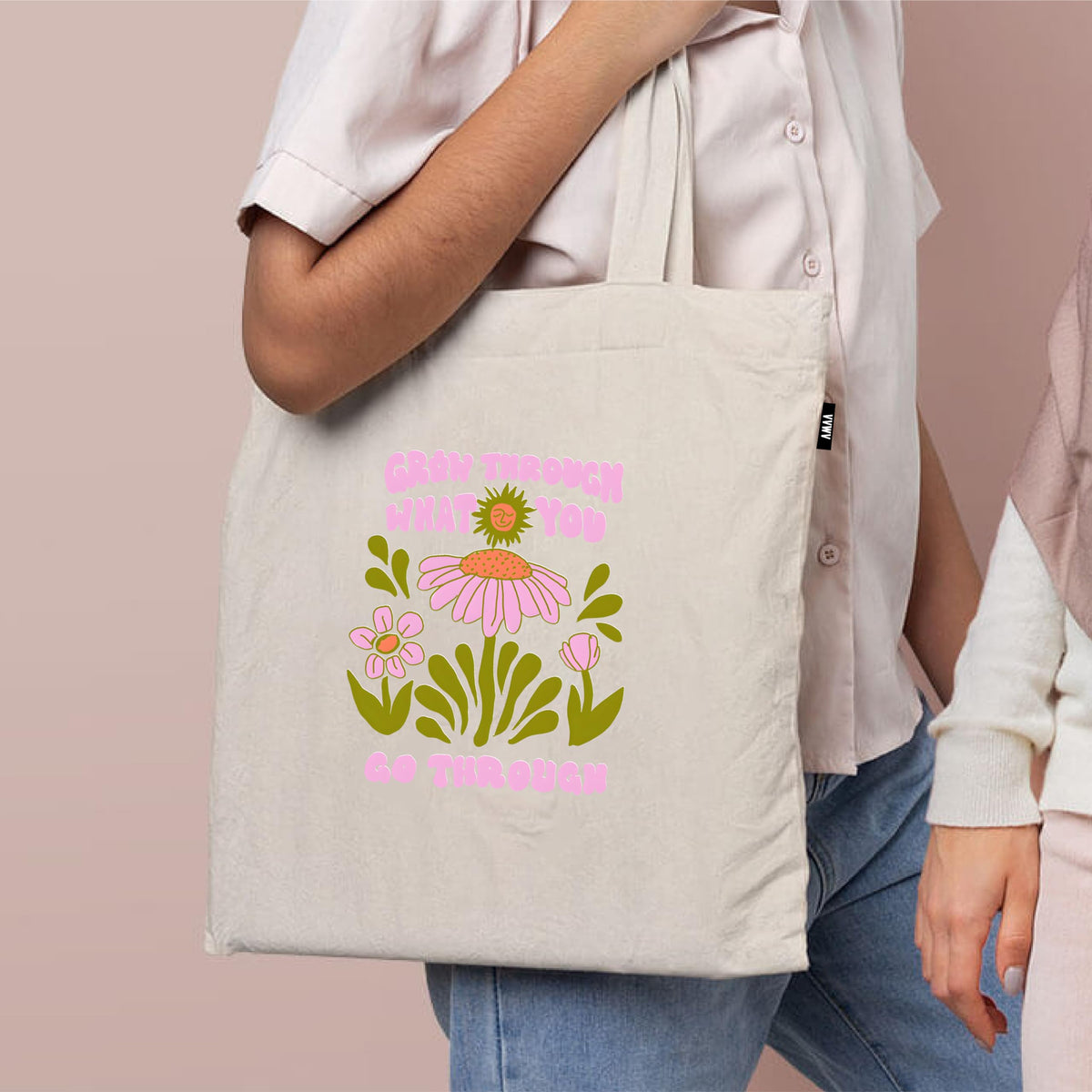 VVWV Grow Through What You Go ThroughPrinted Eono Reusable Tote Bags | 100% Organic Cotton Shopping/Grocery Bag | Multi-Purpose Bag | Sturdy Canvas Bag with 15kgs Capacity (13 x 15.7 Inch)