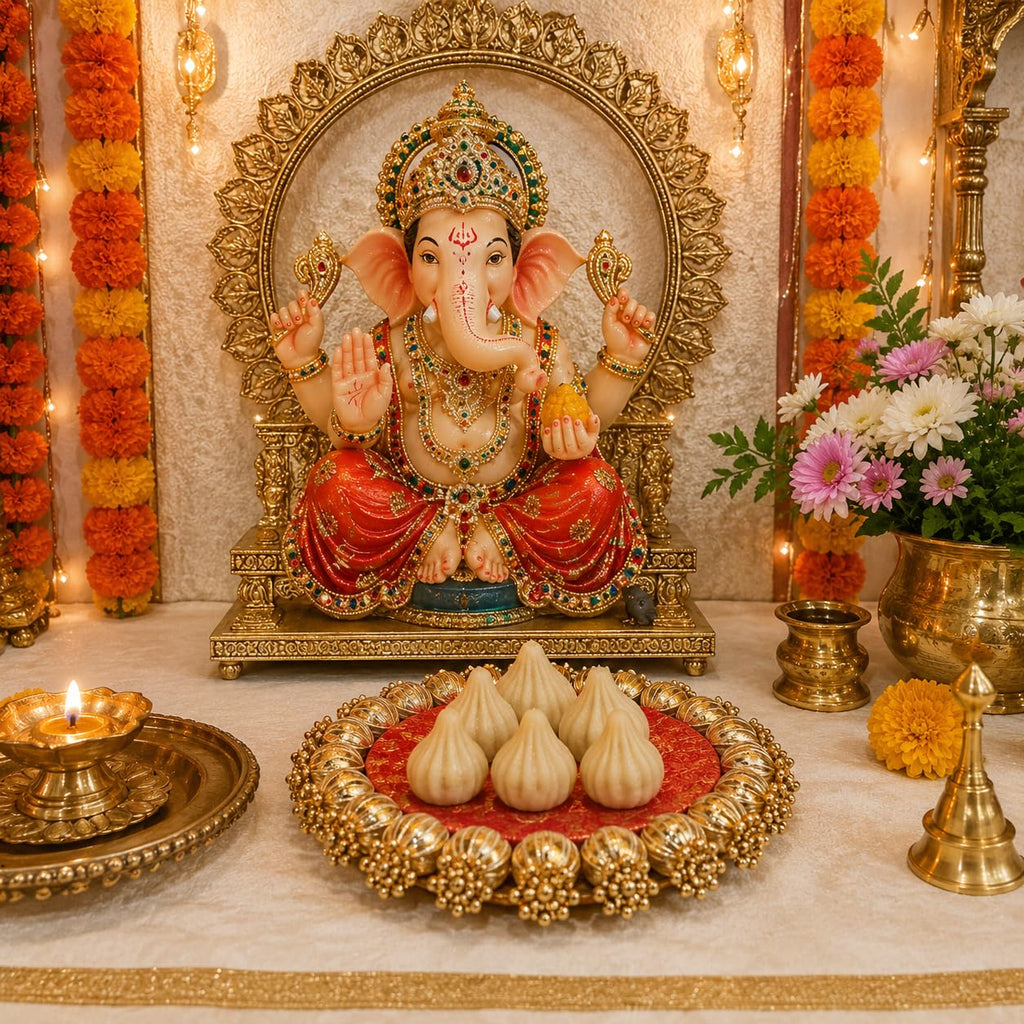 SATYAM KRAFT 1 Pc Handmade Jhumki Platter (6 Inch) with Gota Patti & Golden Moti | Ganpati & Janmashtami Decoration, Festive Home Décor, Pooja Setup, Table Centerpiece & Gifting Item