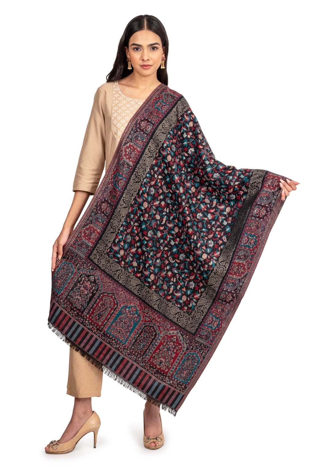 Naureen Women Faux Pashmina Kani Stole with Mughal Artwork and Zari Accents, Warm and Soft, 28x80 inch