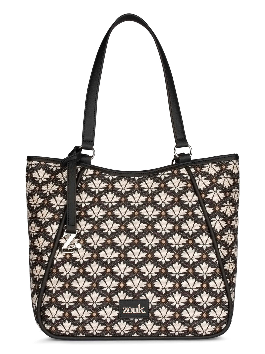 ZOUK Naisha Black & White Motif Tote Bag for Women | Vegan Leather Large Shoulder Handbag with Bottle Holder, Multiple Pockets & Water-Resistant Lining | Office, Travel & Daily Use | Bidri Kaiser