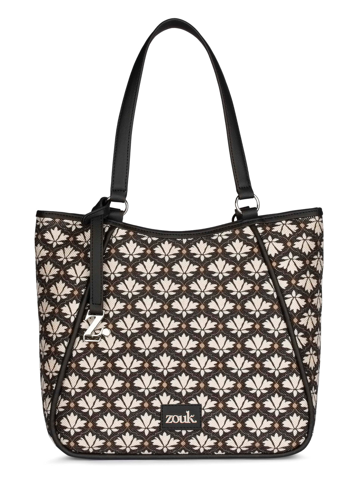 ZOUK Naisha Black & White Motif Tote Bag for Women | Vegan Leather Large Shoulder Handbag with Bottle Holder, Multiple Pockets & Water-Resistant Lining | Office, Travel & Daily Use | Bidri Kaiser