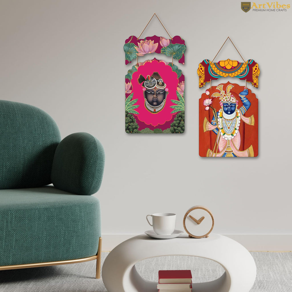 Artvibes Shrinath Ji Pichwai Art Wall Hanging Home Decorative Wall Art for Prosperity | Spiritual Decor Items | Wall Illustrations| Stylish Modern Decor Item | Gift Items (WH_9214N), Set of 2