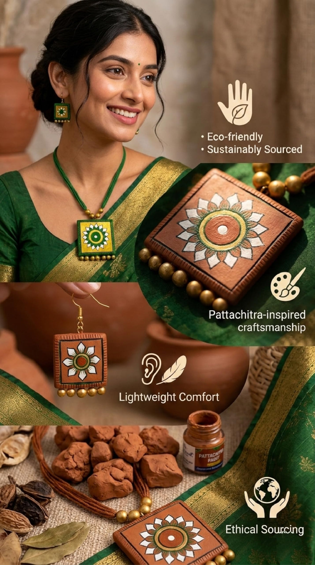 Terracotta Necklace Earrings Set for women and girls | Handmade Jewellery Necklace | Traditional Terracotta Jewellery Necklace Earring Set for party | occasion Daily use | Green and Yellow Floral Design | 1 set